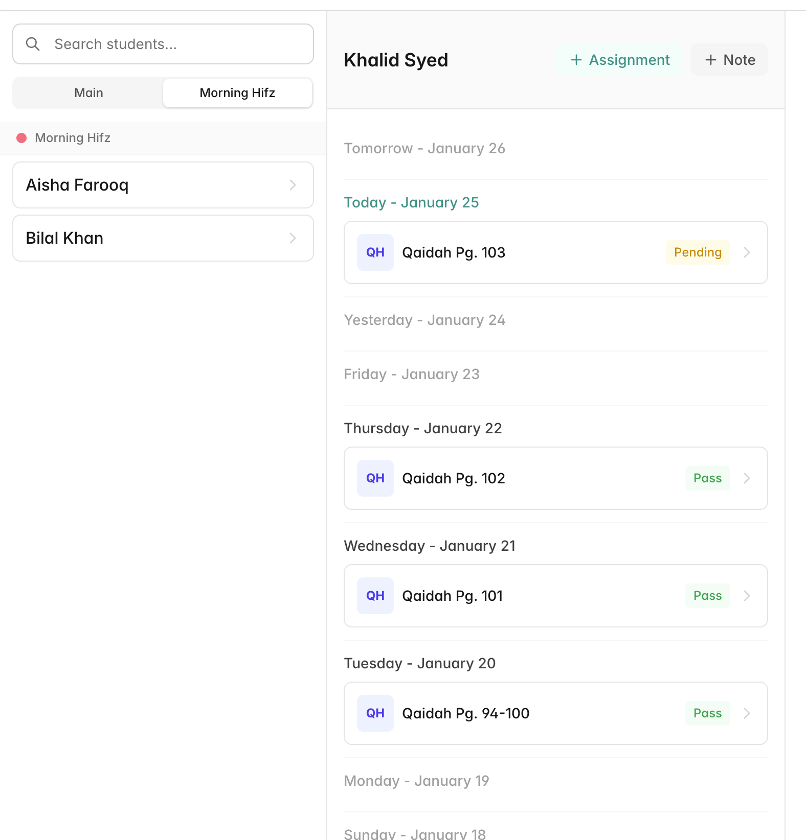 Teacher dashboard showing Main and Morning Hifz class tabs with student list and assignment timeline
