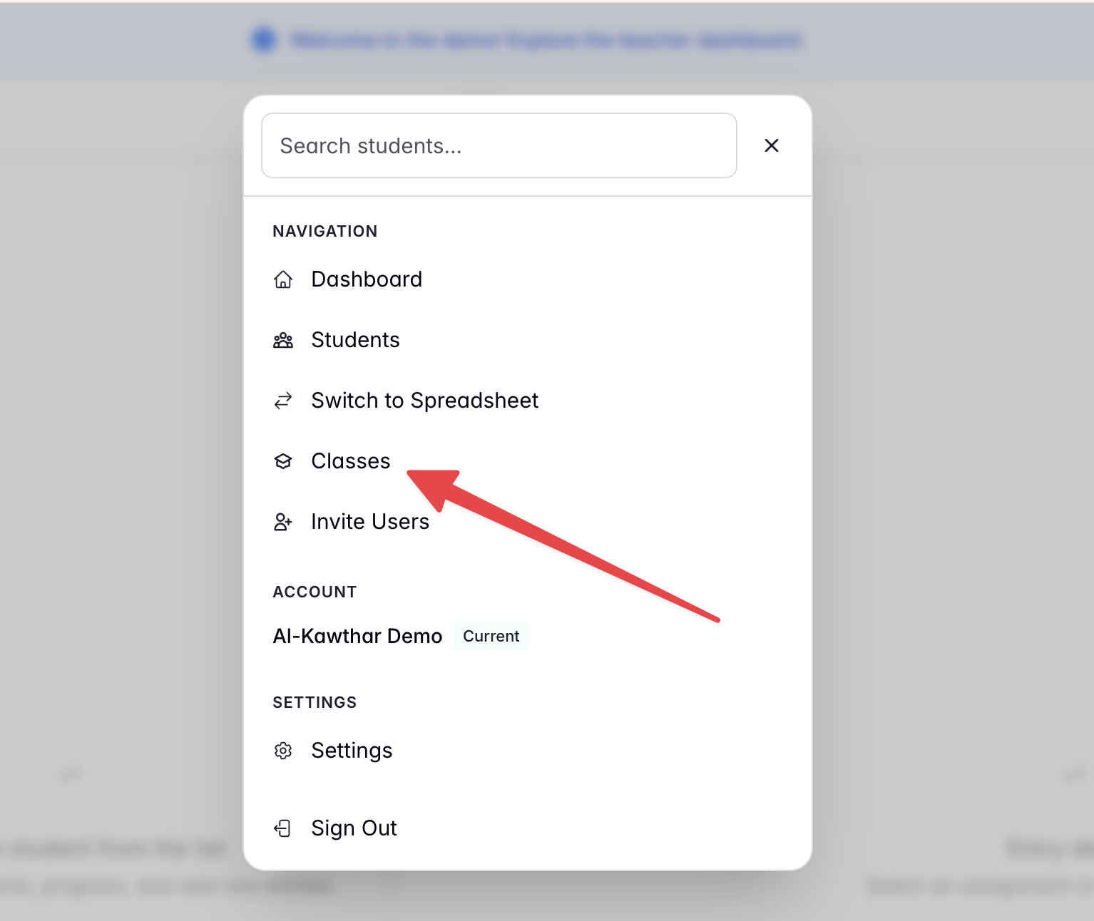Navigation menu showing Classes option