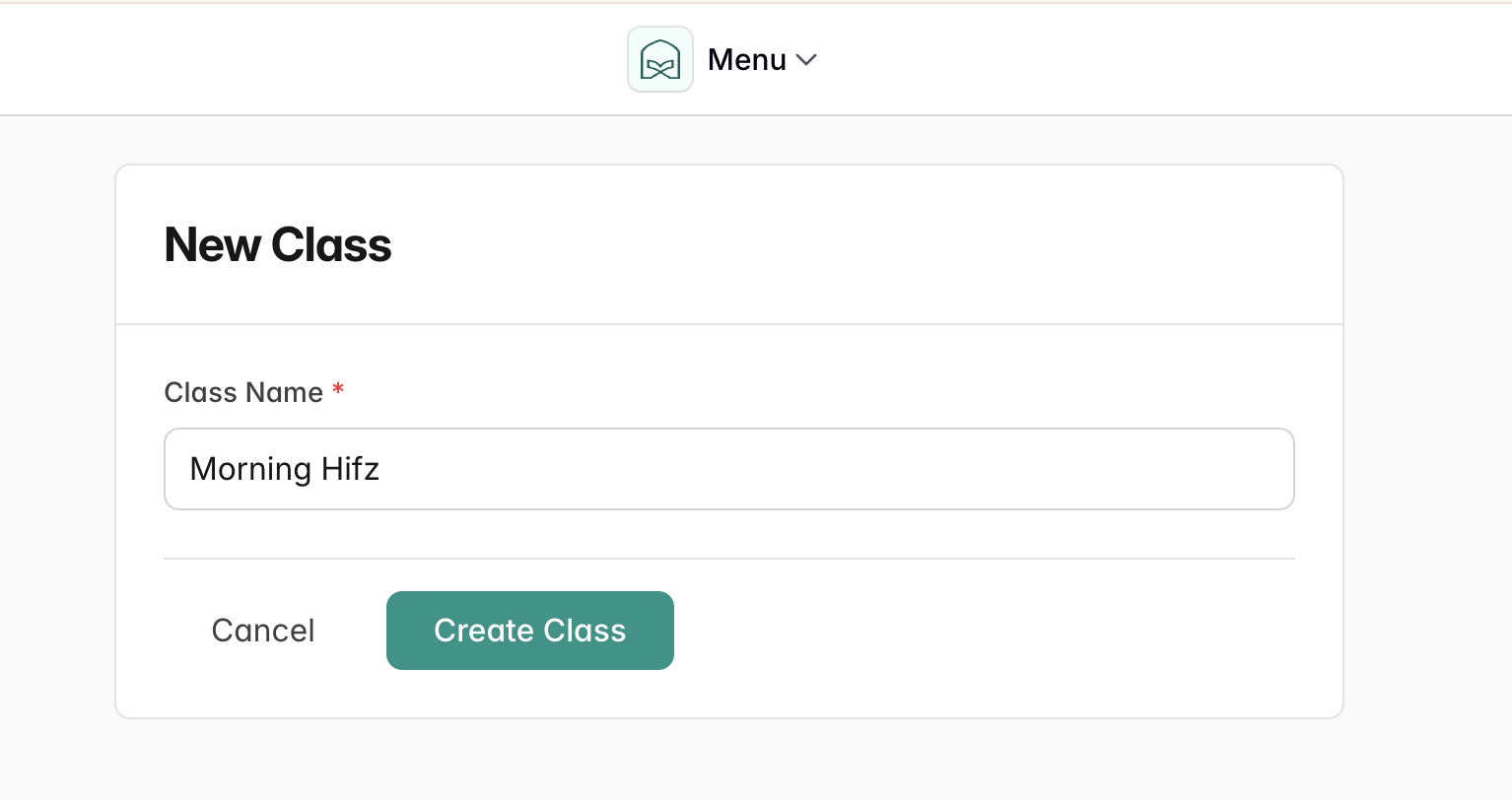 New Class form with Morning Hifz entered as the class name