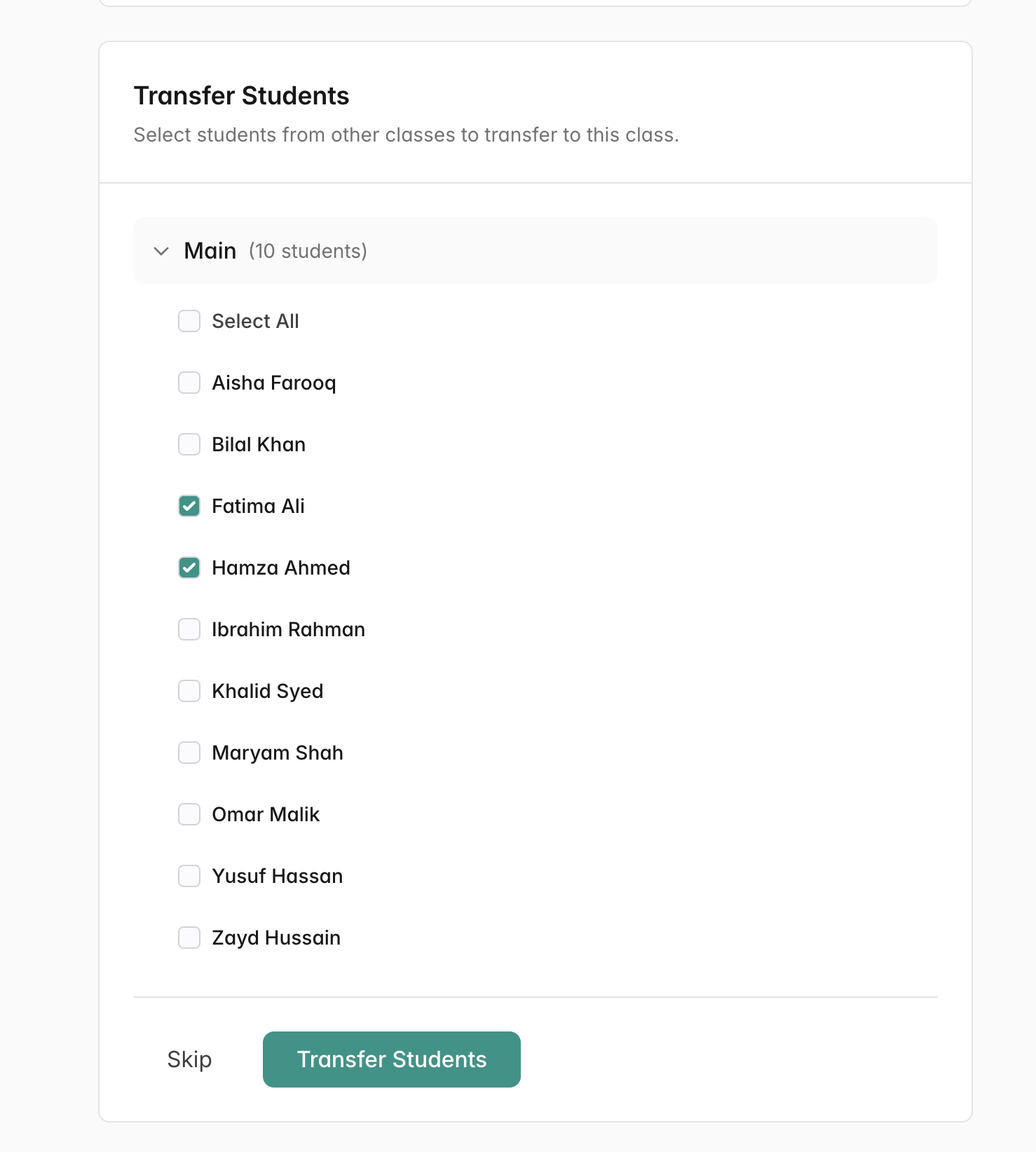 Transfer Students page showing checkboxes to select students from other classes