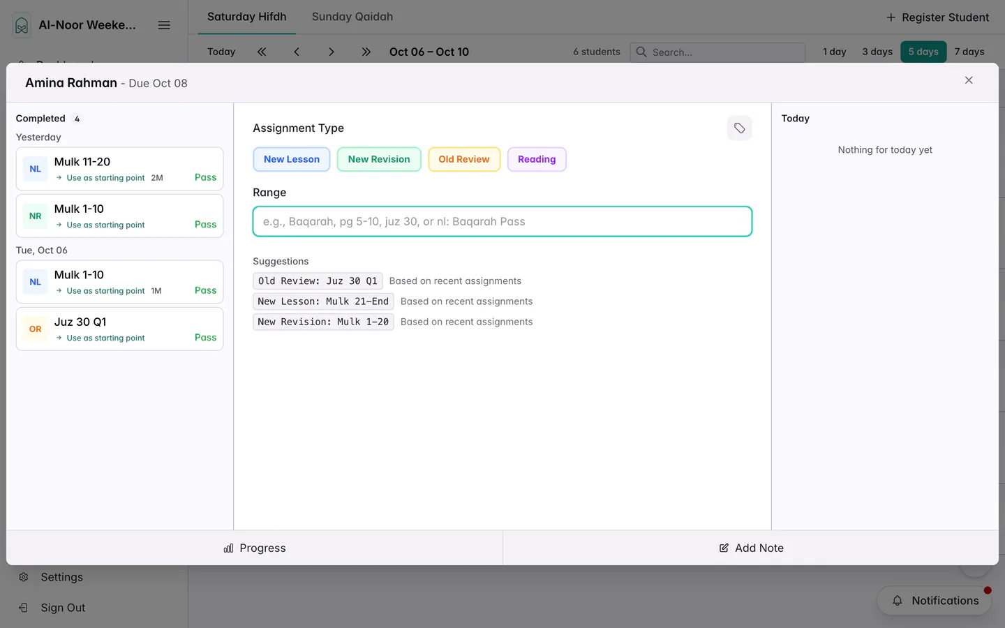 The assignment form open over the Teacher Dashboard for Amina Rahman, due today, with type buttons, an empty Range box, three suggestions, and her completed work listed on the left.