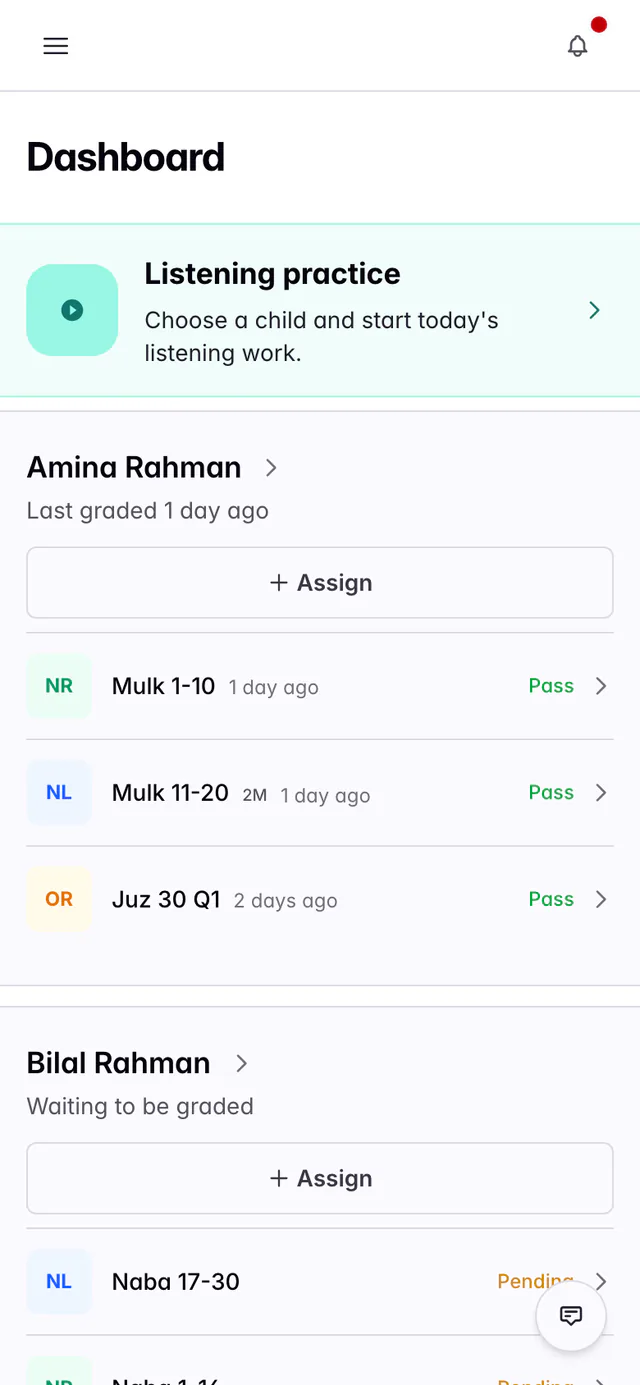 A parent’s Dashboard on a phone showing two children, Amina Rahman and Bilal Rahman, each with an Assign button and a list of their recent work.