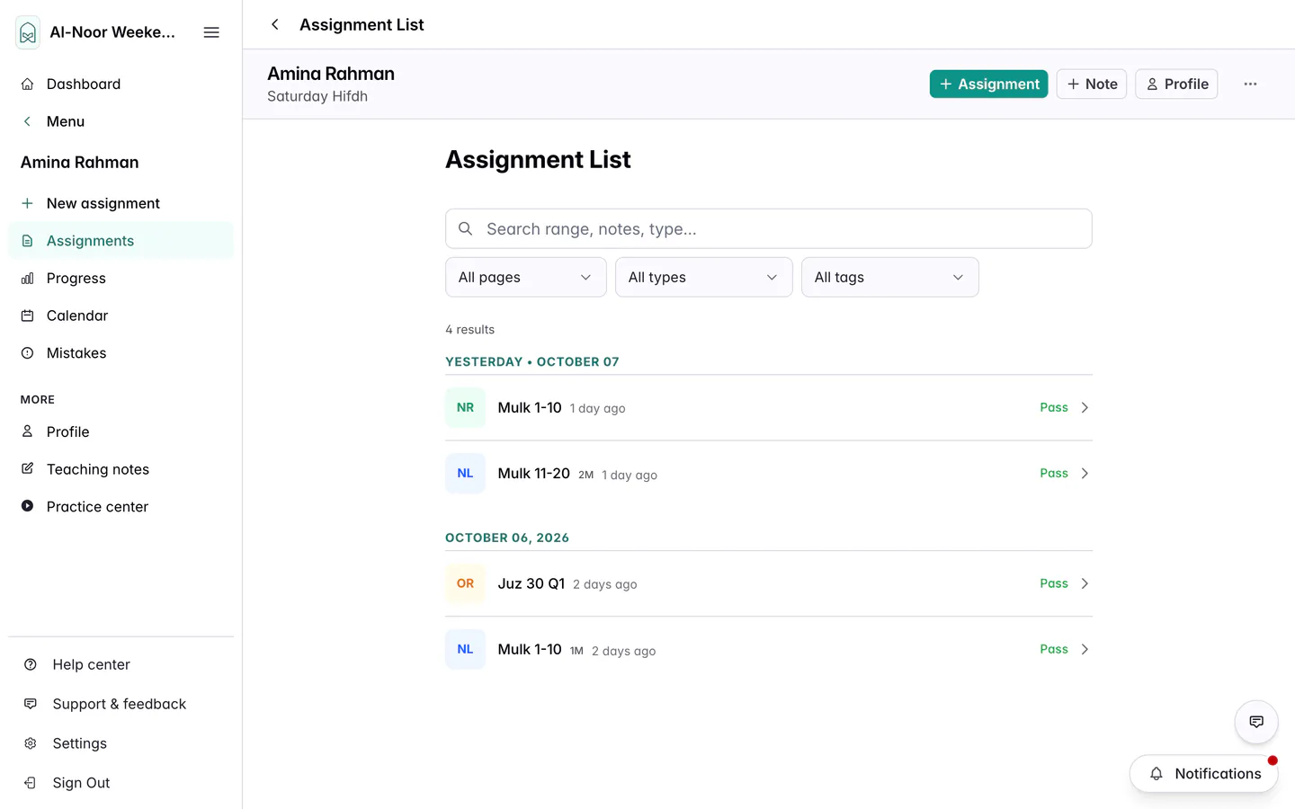 Amina Rahman’s Assignment List, with a green + Assignment button at the top and New assignment in the menu on the left.