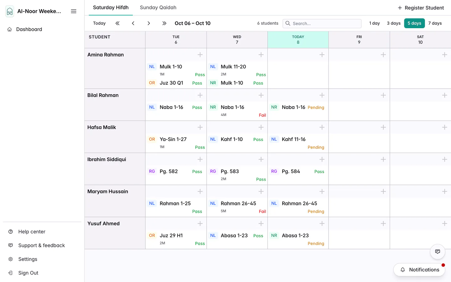 The Teacher Dashboard for a class called Saturday Hifdh, with six students down the side, five days across the top, today highlighted, and a plus sign in every day.