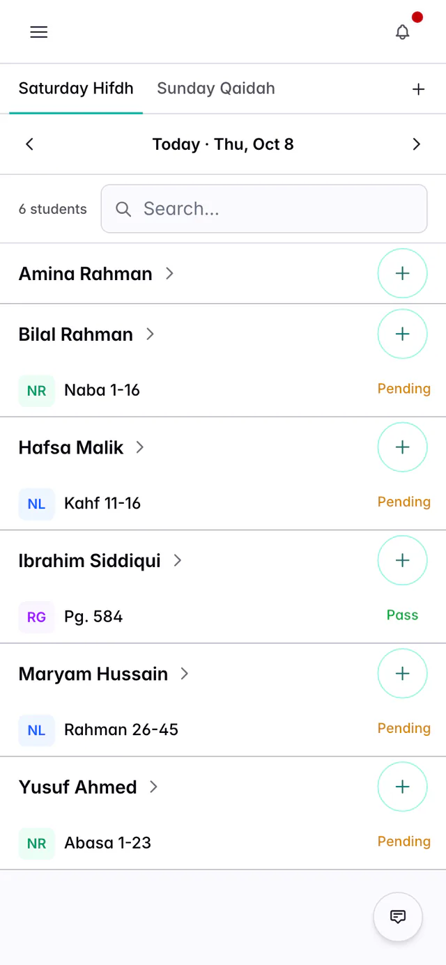 The Teacher Dashboard on a phone, showing today, each student’s name with a round plus button, and the work already set for today.